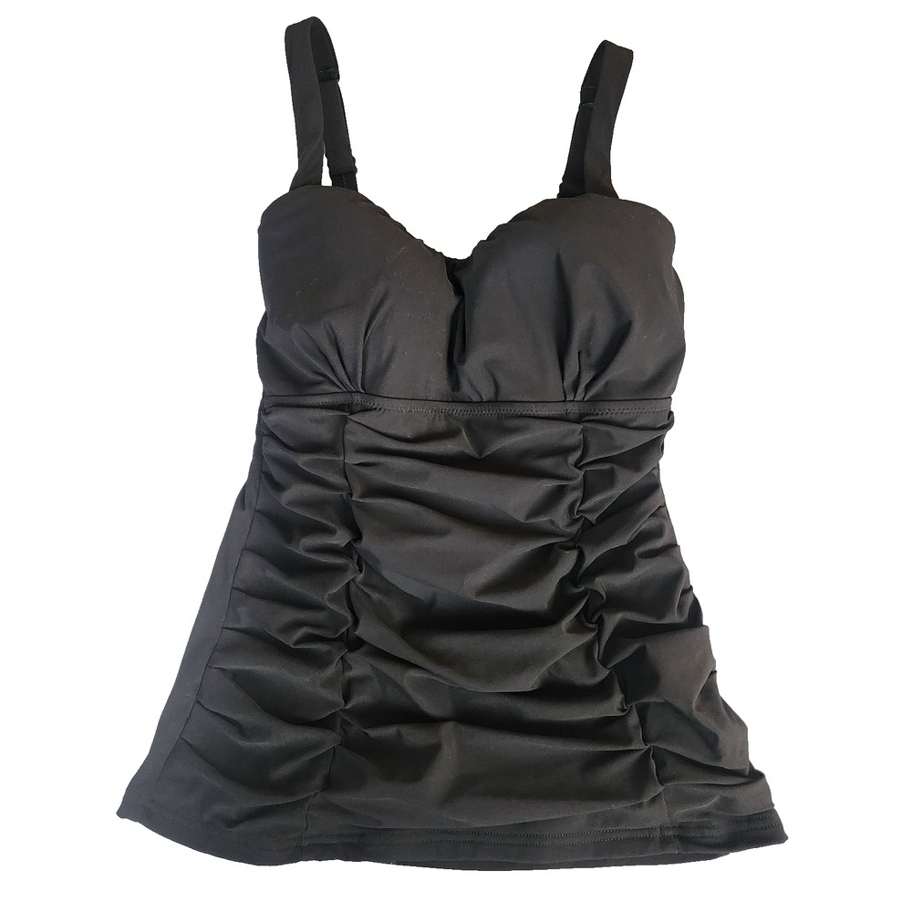 Gottex Black Ruched Tankini Top Size 32D Adjustable Straps Molded Cups